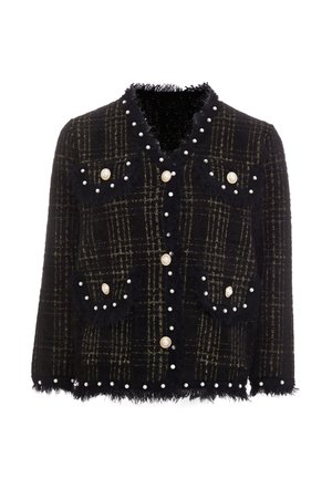 Schwarz-vergoldete Karo-Jacke mit Perlenknöpfen und Fransenakzenten. Verfügt über zwei Fronttaschen mit dekorativen Perlen und einem strukturierten Stoff.