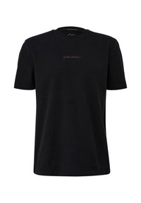 Schwarzes Baumwoll-T-Shirt mit kurzen Ärmeln, Rundhalsausschnitt und einem dezenten, rosa gestickten Logo auf der Brust. Sanfte, leichte Textur.
