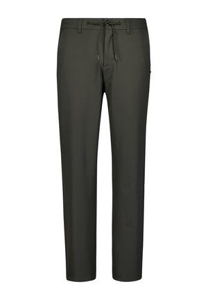 Donkergroene broeken van soepel materiaal, met een drawstring taille, rechte pijpen en zonder zichtbare patronen of hardwaredetails.