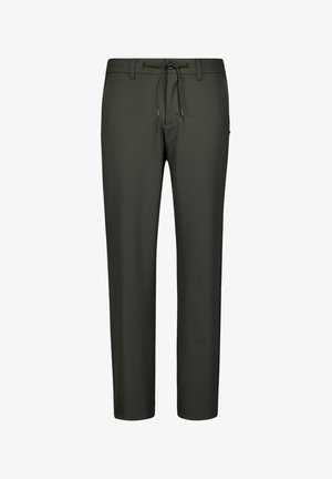 Donkergroene broeken van soepel materiaal, met een drawstring taille, rechte pijpen en zonder zichtbare patronen of hardwaredetails.