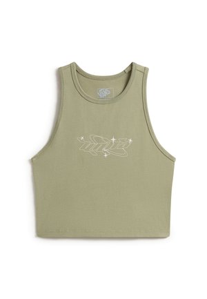 Oliwkowo-zielony krótki top na ramiączkach z szerokimi otworami na ramiona i białym graficznym logo Vans przedstawiającym gwiazdy i abstrakcyjne linie z przodu.