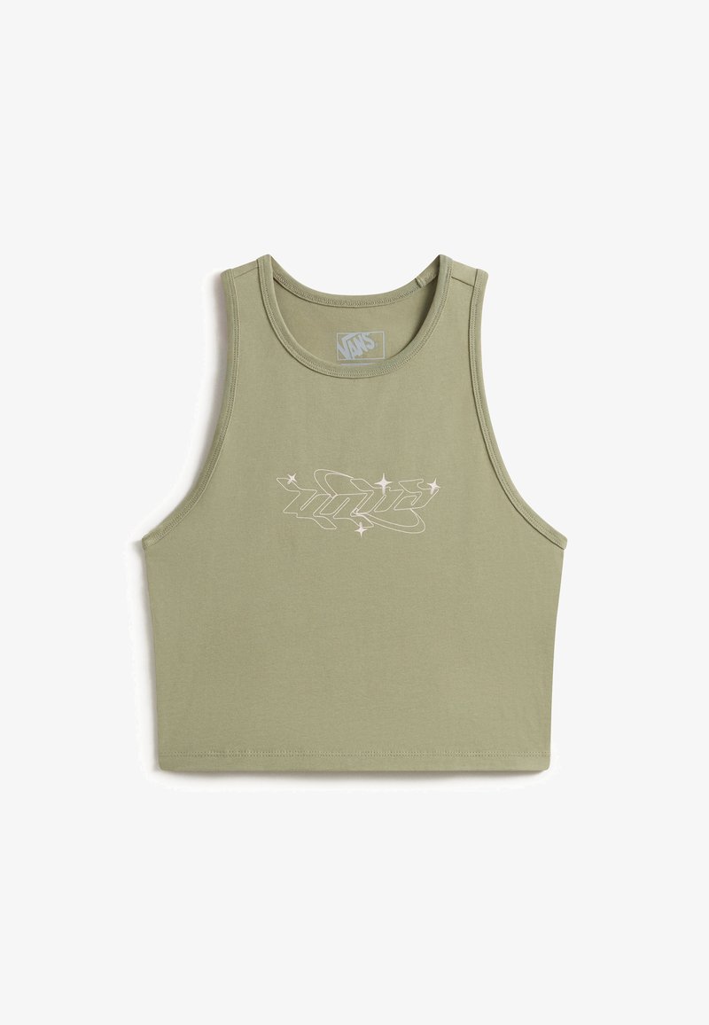 Débardeur court vert olive avec larges emmanchures et logo graphique Vans blanc sur le devant, présentant des étoiles et des lignes abstraites.