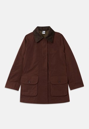 Brown cotton coat with a corduroy collar, two front pockets, and a relaxed fit. Smooth texture and minimalistic design.