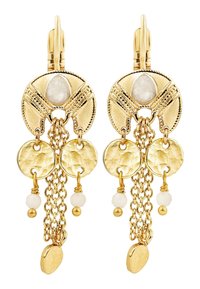 Boucles d'oreilles en or présentant un grand design circulaire avec une pierre centrale, des chaînes allongées et de petits accents ronds, avec des finitions texturées et polies.