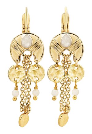 Gold earrings featuring a large circular design with a central stone, elongated chains, and small round accents, textured and polished finishes.