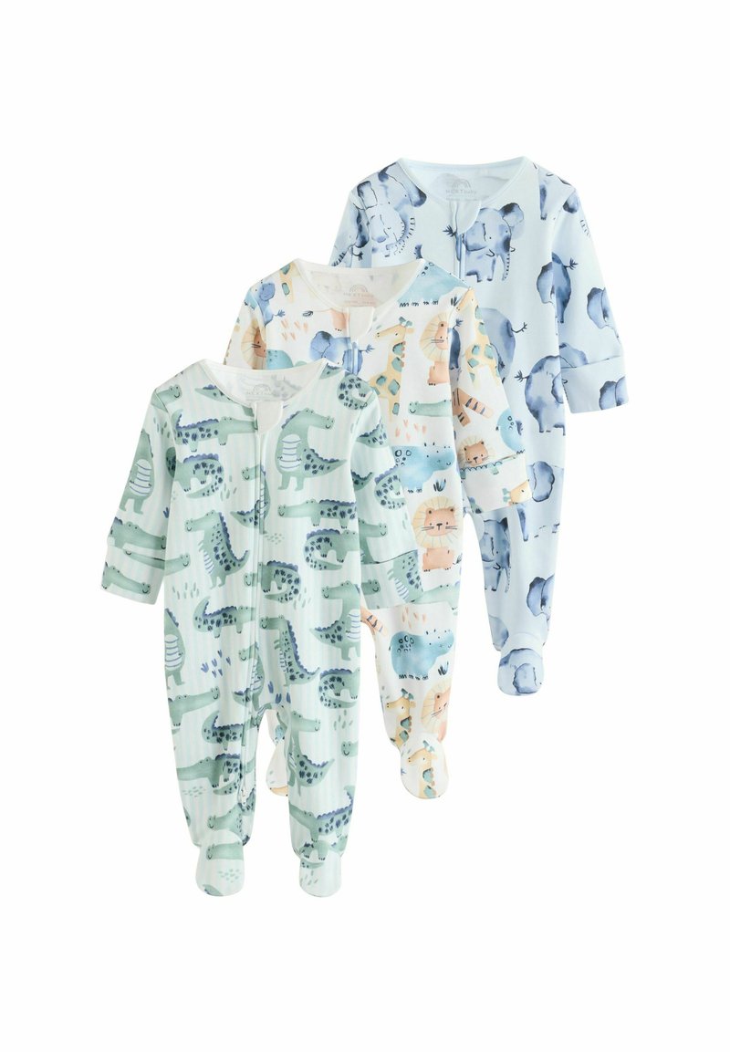 Trzy bawełniane body dla niemowląt: zielone z krokodylami, kremowe z zabawnymi wzorami zwierząt oraz jasno niebieskie ze słoniami, wszystkie z długimi rękawami.