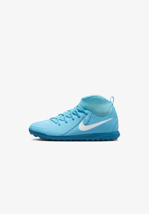 Nike soccer shoes in bright blue material with white accents, low-top design, textured surface, and a cushioned collar for support.