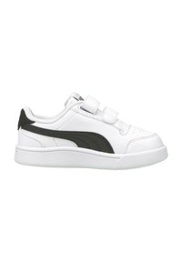 Baskets blanches avec des bandes Velcro, rayure noire, bout arrondi, semelle en caoutchouc texturé et matériau synthétique lisse.
