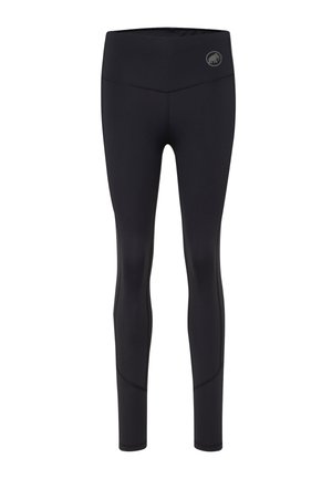 Schwarze Sportleggings mit hohem Bund, featuring ein Logo auf der Vorderseite, glatte Textur und figurschmeichelndem Design.