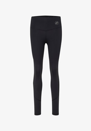 Schwarze Sportleggings mit hohem Bund, featuring ein Logo auf der Vorderseite, glatte Textur und figurschmeichelndem Design.