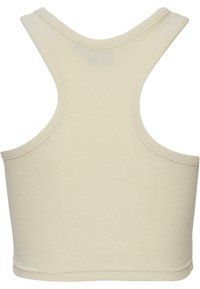 Lichtbeige katoenen crop top met een geribbelde textuur, ronde hals en brede schouderbanden. De achterkant heeft een schone, naadloze afwerking.