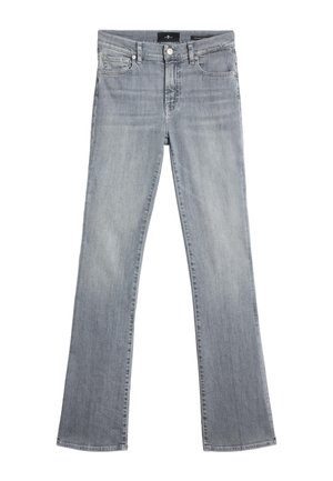 Jeans in denim grigio chiaro con un design a gamba svasata, zip e passanti per cintura. Presentano tasche anteriori e posteriori e una texture morbida e liscia.