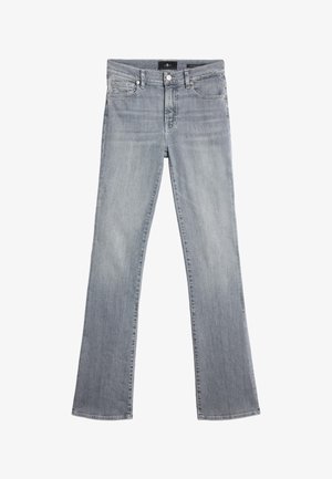 Lys grå denim jeans med en flared ben design, lynlås og bæltestropper. Har for- og baglommer samt en blød, glat tekstur.