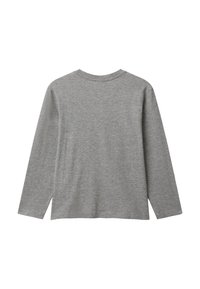 Prosta szara koszulka z długim rękawem i okrągłym dekoltem, pokazana z tyłu, z prostym dołem i bez widocznych logo lub wzorów.