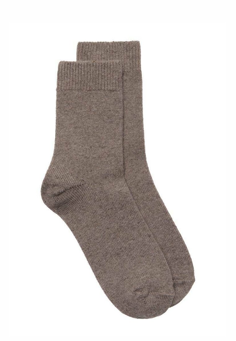 Calzini di cotone marroni con polsini a coste, lunghezza a metà polpaccio, texture liscia e punta e tallone rinforzati, adatti per un uso casual.