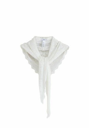 White lace triangular scarf with scalloped edges and long ties, displayed folded with a visible clothing label inside.