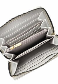 Gray leather wallet with multiple compartments, a zippered section, and gold hardware. Interior features various card slots and soft lining.