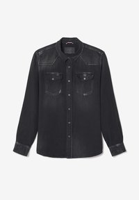 Camicia in denim nero con maniche lunghe, chiusura con bottoni, due tasche sul petto e dettagli sulle spalle. Texture morbida con accenti sbiaditi.