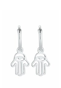 Sølvøreringe med et Hamsa-hånddesign, med et øje i midten, hængende fra en simpel leverback-lukning.