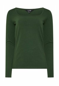 Langärmliges Oberteil in Dunkelgrün, aus weichem Stoff mit viereckigem Ausschnitt und taillierter Passform, das eine glatte Textur aufweist.