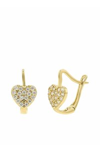 Orecchini a forma di cuore in oro con una combinazione di pietre trasparenti e scintillanti, superfici lisce e design con chiusura ad uncino.