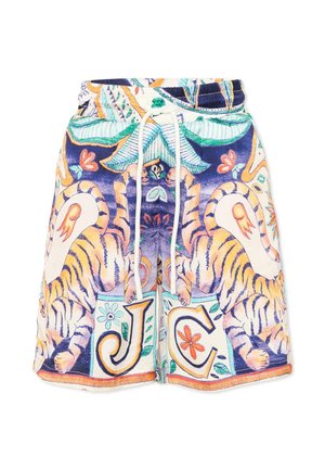 Pantaloncini corti con illustrazioni di tigri colorate, dettagli floreali e grandi lettere "J" e "C" sul davanti, con vita regolabile a coulisse bianca.
