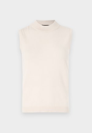 Sleeveless cream-colored knit top with a high collar and ribbed hem. Soft texture and fitted design, suitable for layering or standalone wear.