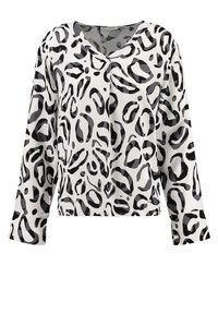 Camicia a maniche lunghe con stampa leopardata nera e grigia su tessuto bianco, caratterizzata da una scollatura a V e polsini con bottoni.