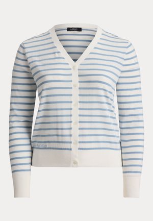 Fehér kardigán világoskék vízszintes csíkokkal, V-nyakkivágással, gombos elülső résszel, hosszú ujjakkal, bordázott mandzsettákkal és szegéllyel.