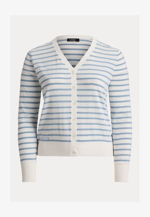 Cardigan blanc à rayures horizontales bleu clair, col en V, boutonnage devant, manches longues, poignets et ourlet côtelés.