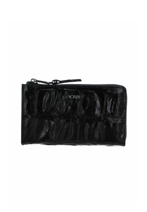 Portefeuille zippé en cuir noir brillant texturé avec un logo Picard en métal centré sur le devant.