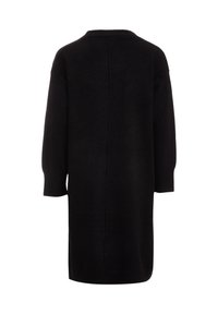 Langes schwarzes Wollkleid mit rundem Ausschnitt, überschnittenen Schultern und langen Ärmeln, mit einer geraden Rückennaht und seitlichen Schlitzen.