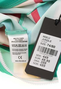 UV zwembadpak in teal met roze en witte strepen. Gemaakt van 80% polyamide, 20% elastaan. Inclusief verzorgingslabel en prijskaartje.