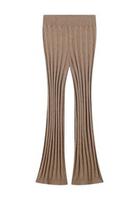 Braune, gerippte Leggings mit ausgestelltem Saum. Hergestellt aus weichem, dehnbarem Material und mit vertikalen Falten im gesamten Design.