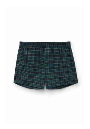 Boxershorts aus leichtem Stoff mit einem navy-blauen Karomuster, das grüne und gelbe Linien enthält. Elastischer Bund für zusätzlichen Komfort.