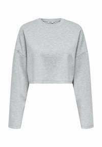 Felpa grigia accorciata con maniche lunghe, collo rotondo e un tessuto morbido e testurizzato. Design basic senza motivi o elementi hardware prominenti.