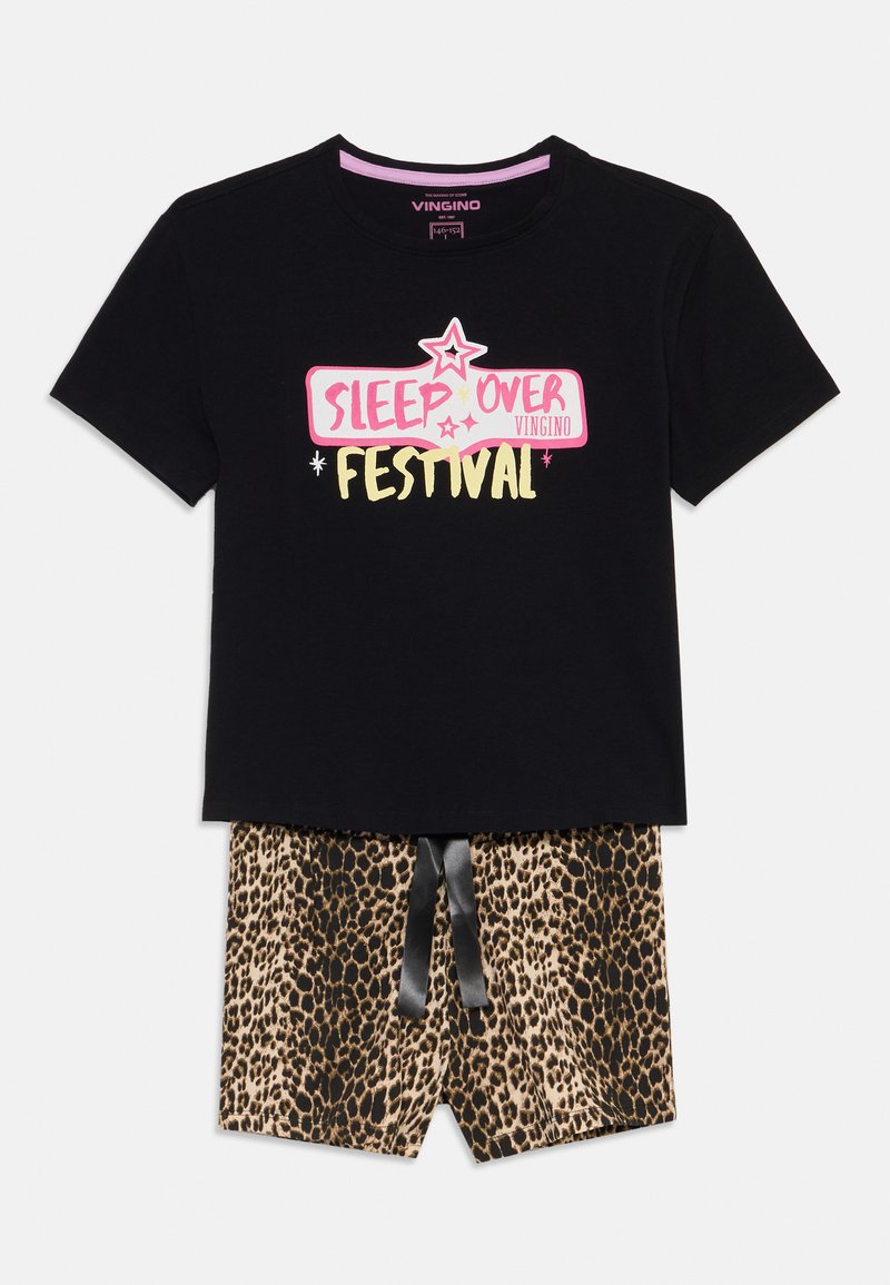 T-shirt nera in cotone con stampa "SLEEP OVER FESTIVAL" in rosa e giallo. Pantaloni corti coordinati con stampa leopardata e coulisse nera.
