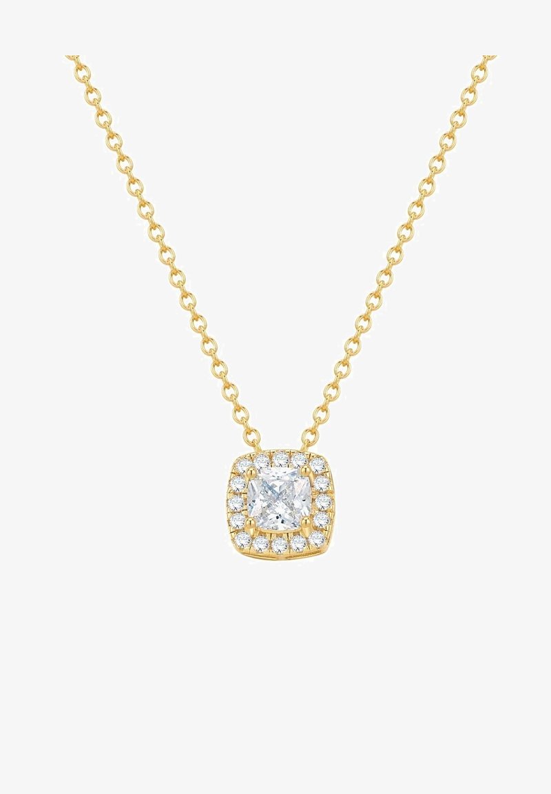 Guldhalsband med en fyrkantig berlock, som har en klar central sten omgiven av mindre klara stenar, allt på ett delikat kedja.