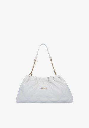 Weiße gesteppte Handtasche mit einem goldenen Kettenriemen und gerafftem Oberteil. Auf der Vorderseite befindet sich die LIUJO-Marke in Gold.