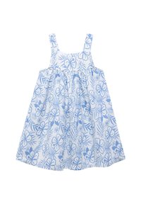 Leichtes Baumwollkleid mit blauem Blumenmuster auf weißem Grund, ausgestattet mit dünnen Trägern und einem ausgehenden Rock.