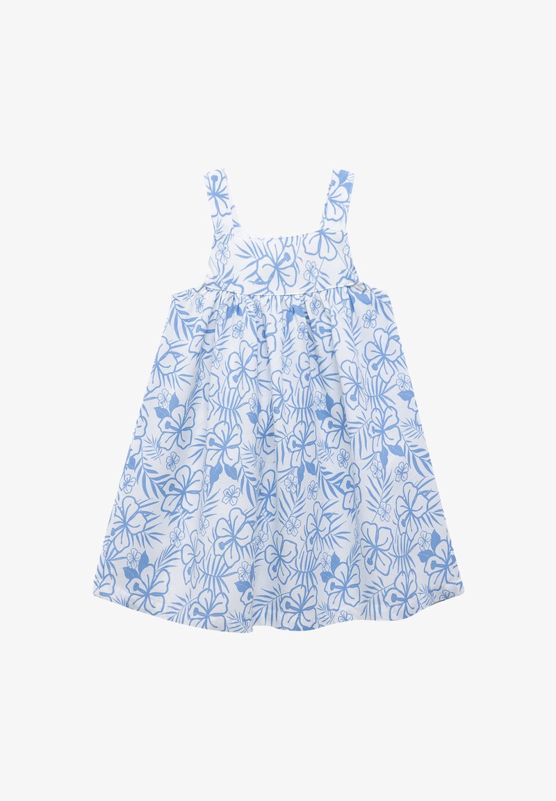 Vestido de algodón ligero con un patrón floral azul sobre un fondo blanco, que presenta tirantes finos y una falda acampanada.