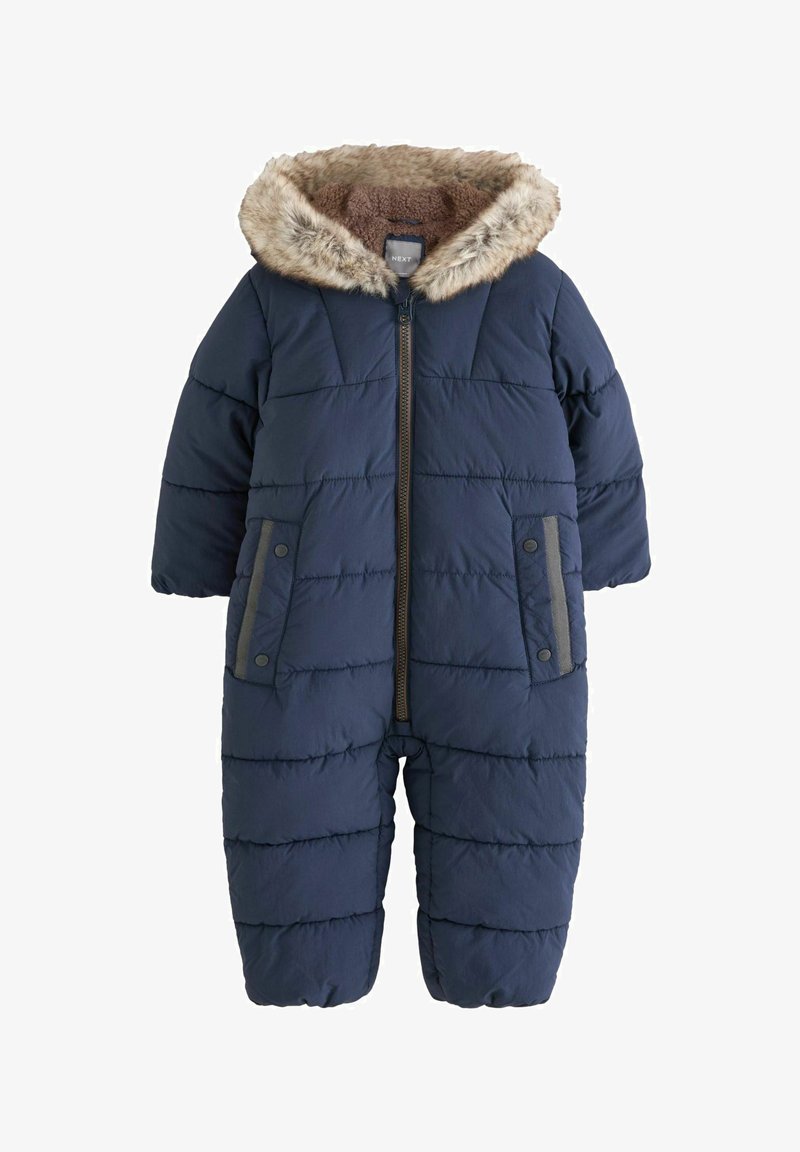 Navy puffer snowsuit with a faux fur-lined hood, quilted design, front zipper, and two side pockets with snap closures. Soft texture.