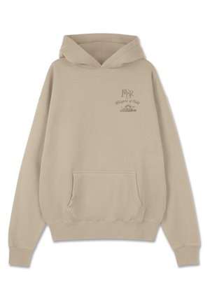 Beige hoodie van zachte stof, met een voorzak, ribgebreide mouwen en zoom, met de tekst "Whispers of Gold" en een afbeelding op de borst.