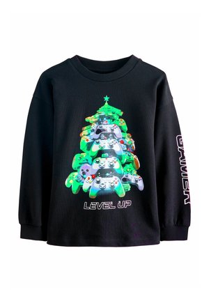 Schwarzer Langarmpullover mit Grafik von bunten Gamecontrollern, die wie ein Weihnachtsbaum angeordnet sind, mit dem Text "LEVEL UP" darunter.