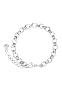 Bracciale in argento con maglie circolari e ovali collegate tra loro, dotato di chiusura a moschettone e catena di estensione per una vestibilità regolabile.