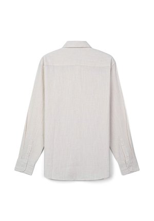 Camicia a maniche lunghe color beige chiaro realizzata in tessuto strutturato, con colletto a punta e polsini con bottoni, orlo dritto e motivo sottile.