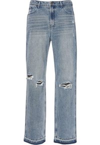 Vaaleansininen kulutettu denim-farkut, joissa on suora lahje, kaksi polvireikää ja hienovarainen haalistuminen kankaassa.