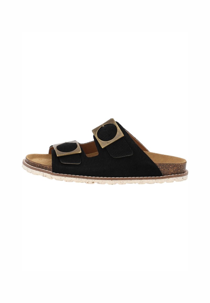 Sort corduroy slide sandal med to justerbare stropper, prydet med firkantede metal accenter. Korkforet fodseng og struktureret gummisål.