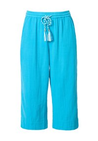 Pantalons turquoise légers jusqu'aux genoux avec une taille élastique et un cordon de serrage orné de glands et d'un motif tressé.