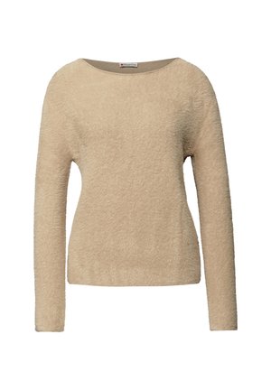 Maglione beige a maniche lunghe realizzato in morbido tessuto testurizzato con scollatura rotonda e vestibilità rilassata. Nessun abbellimento o motivo visibile.